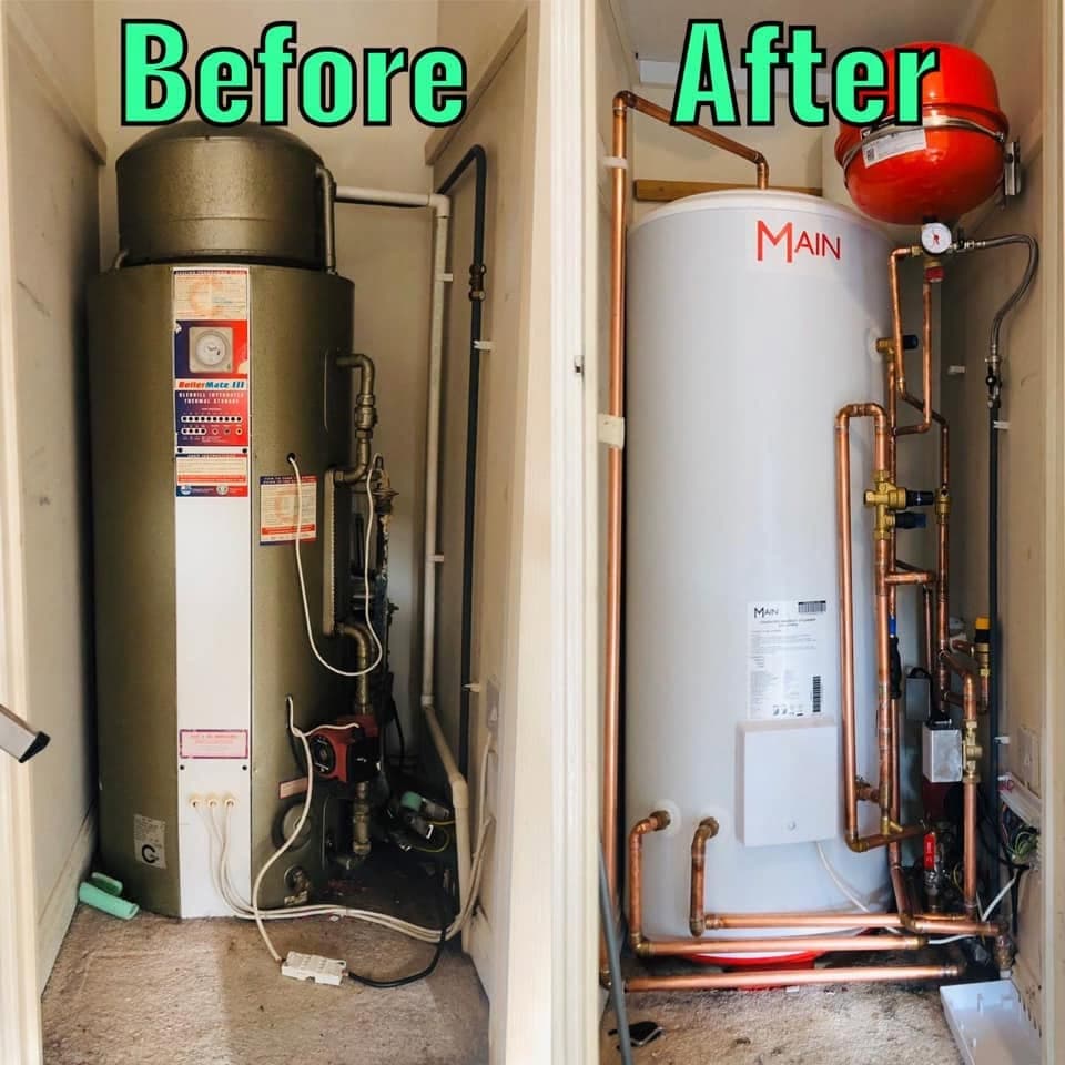 Before and after — old BoilerMate thermal store replaced with a modern MAIN unvented hot water cylinder