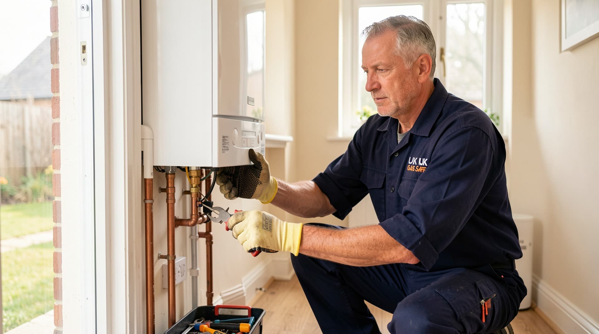 Professional UK heating engineer at work in a modern British home