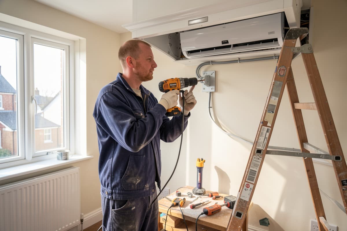 Split-system air conditioning installation in UK home