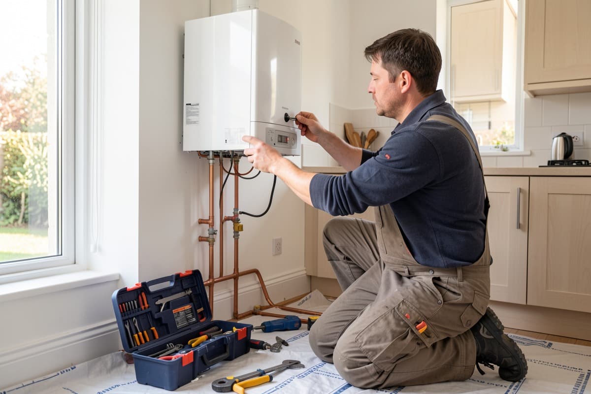 Professional boiler installation in a UK home