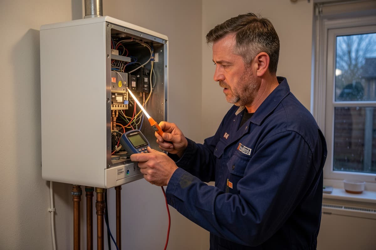 Heating engineer repairing a combi boiler