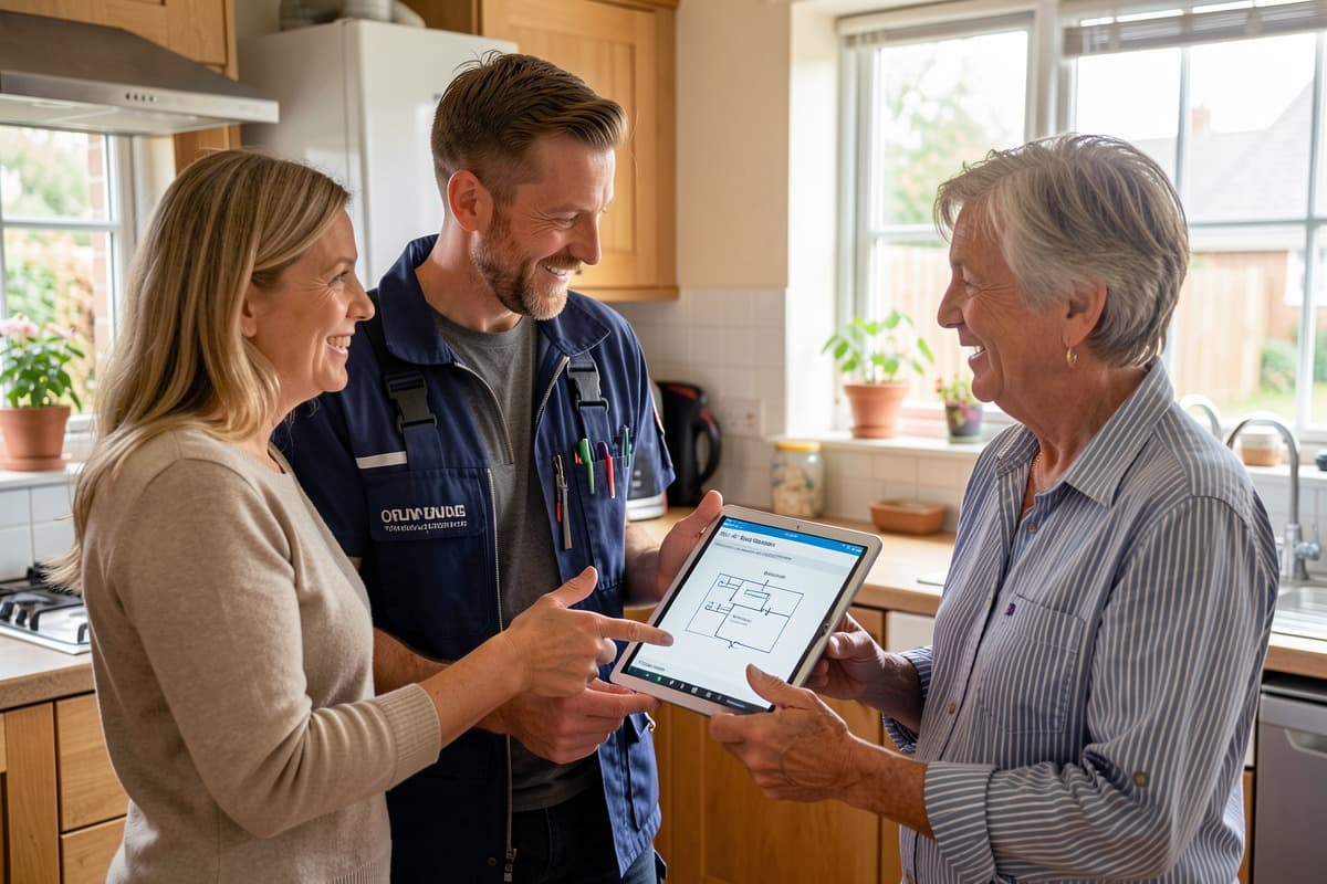 Heating engineer consulting with homeowners